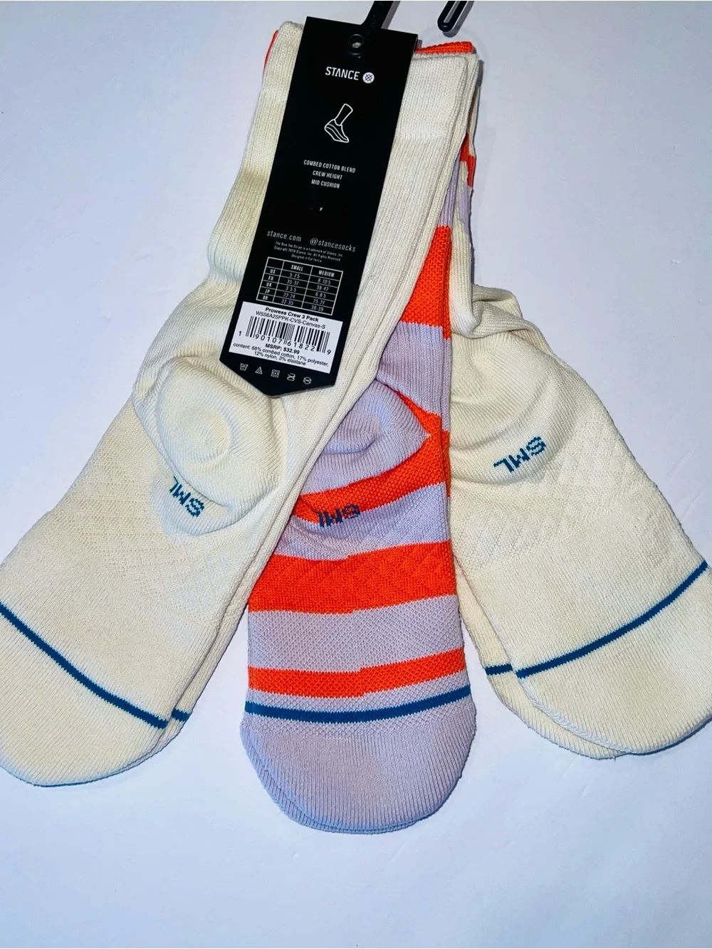 NWT Stance Prowess 3-Pack Crew Socks Women's Small in Coral Canvas